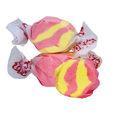 Taffy Town’s Strawberry Banana taffy candy with bright pink and yellow swirls—whipped salt water taffy with a smooth, fruity flavor combo.